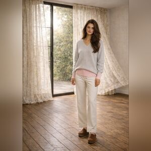 Esthème Paris 100% Cashmere Sweater – Grey & Blush Trim – Oversized Dolman Fit